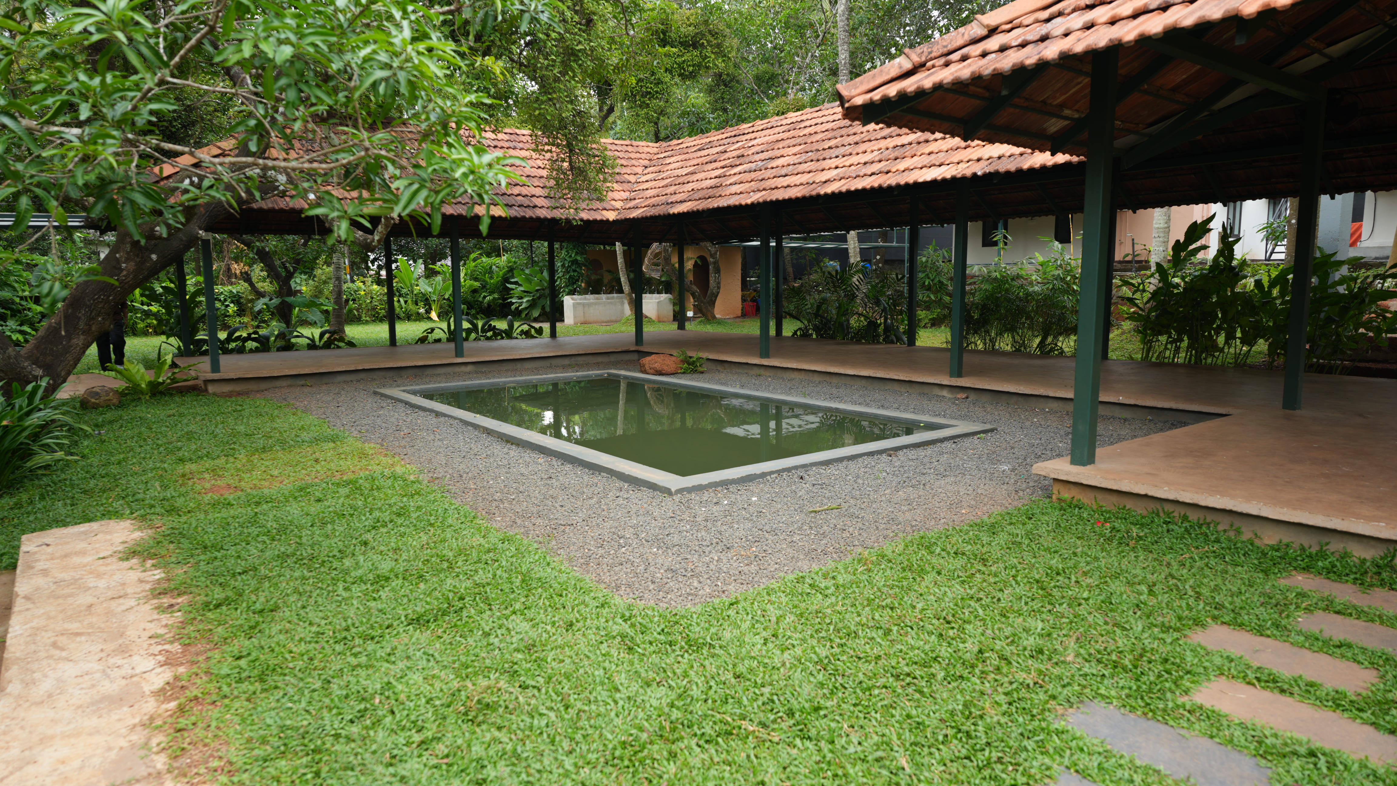 Reflecting pool surrounded by traditional structures
